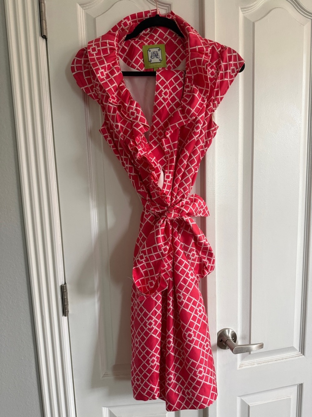 Eliza J Pink and White Geometric Ruffle Wrap Dress